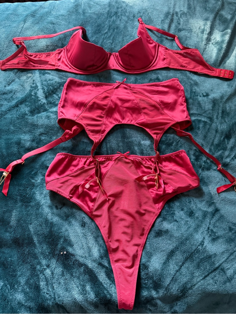Maroon Women's Lingerie Set - Bra, Garter Belt & Thong
